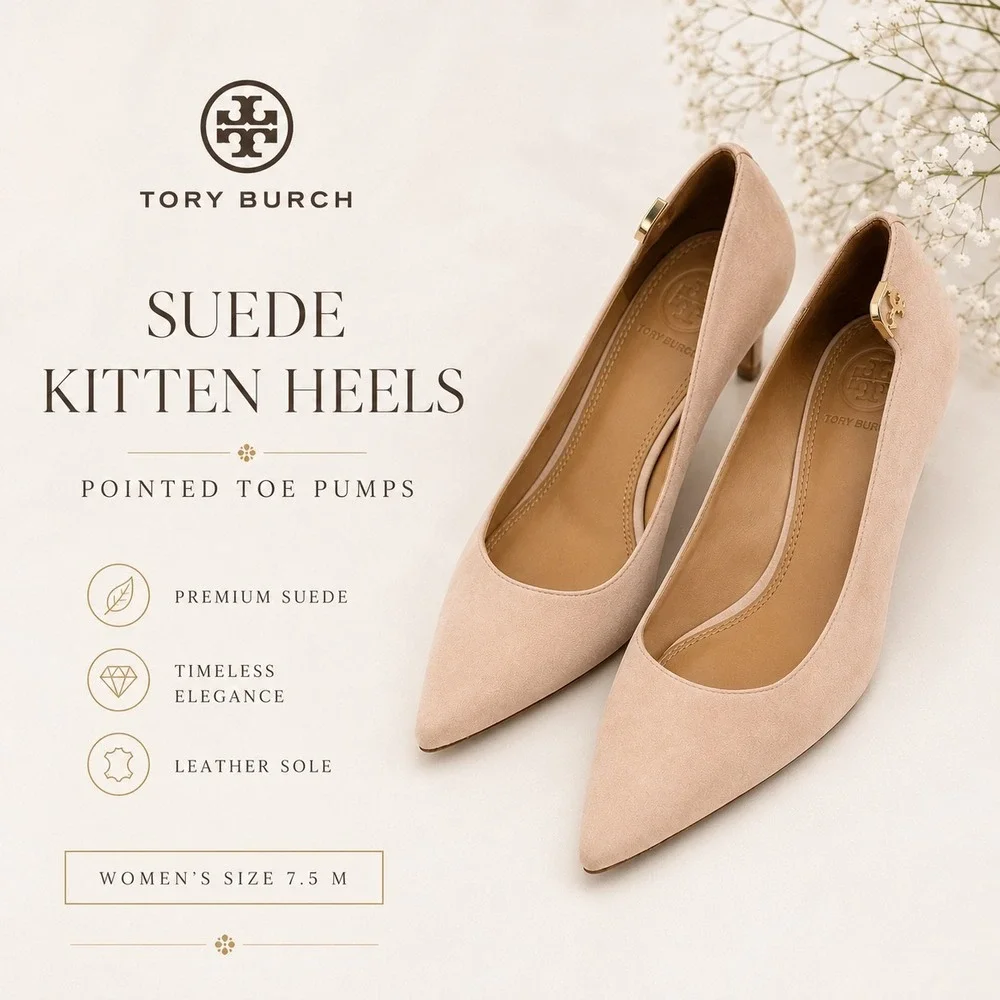 Tory Burch Nude Suede Pointed Toe Kitten Heel Pumps Blush Pink Women 7.5